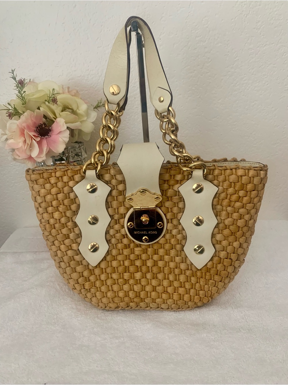 Michael Kors Natural Straw Tote with Cream Leather & Gold Hardware